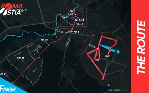 Mapa de la ruta de la media maratón Roma Ostia, mostrando el recorrido desde la salida hasta la meta en el km 21.