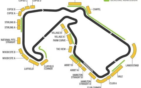 Mapa del circuito de Fórmula 1, con zonas de "General Admission" y gradas. La próxima carrera se acerca.