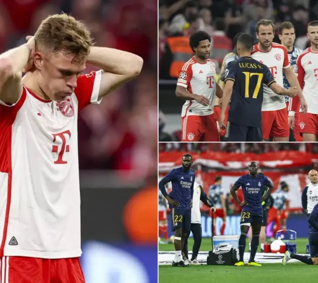 Jugadores de Madrid y Bayern en el campo. Un jugador del Bayern se lleva las manos a la cabeza.