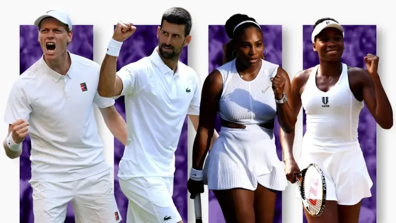 Tenistas celebran victoria. Novak Djokovic, Serena y Venus Williams, y otro jugador, listos para la acción cuando juega sinner.
