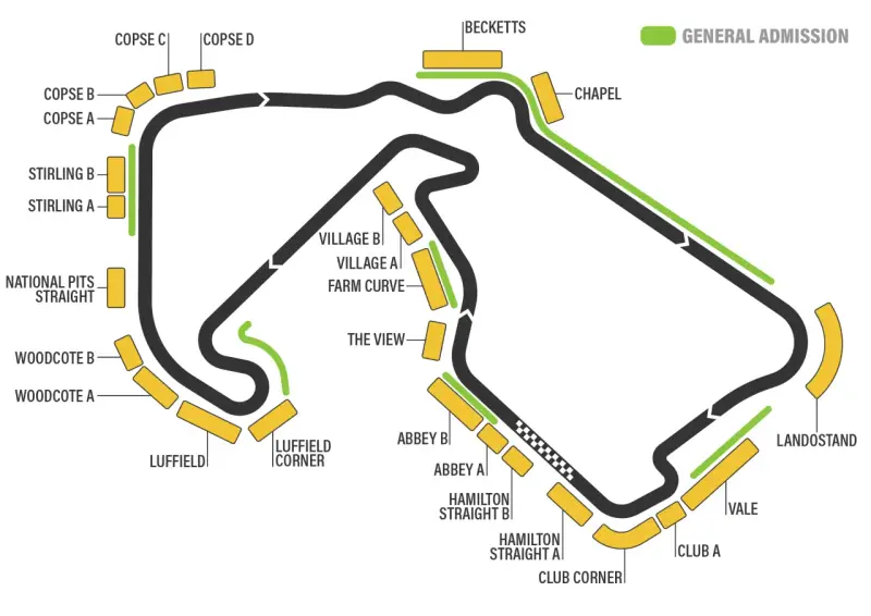 Mapa del circuito de Fórmula 1, con zonas de "General Admission" y gradas. La próxima carrera se acerca.
